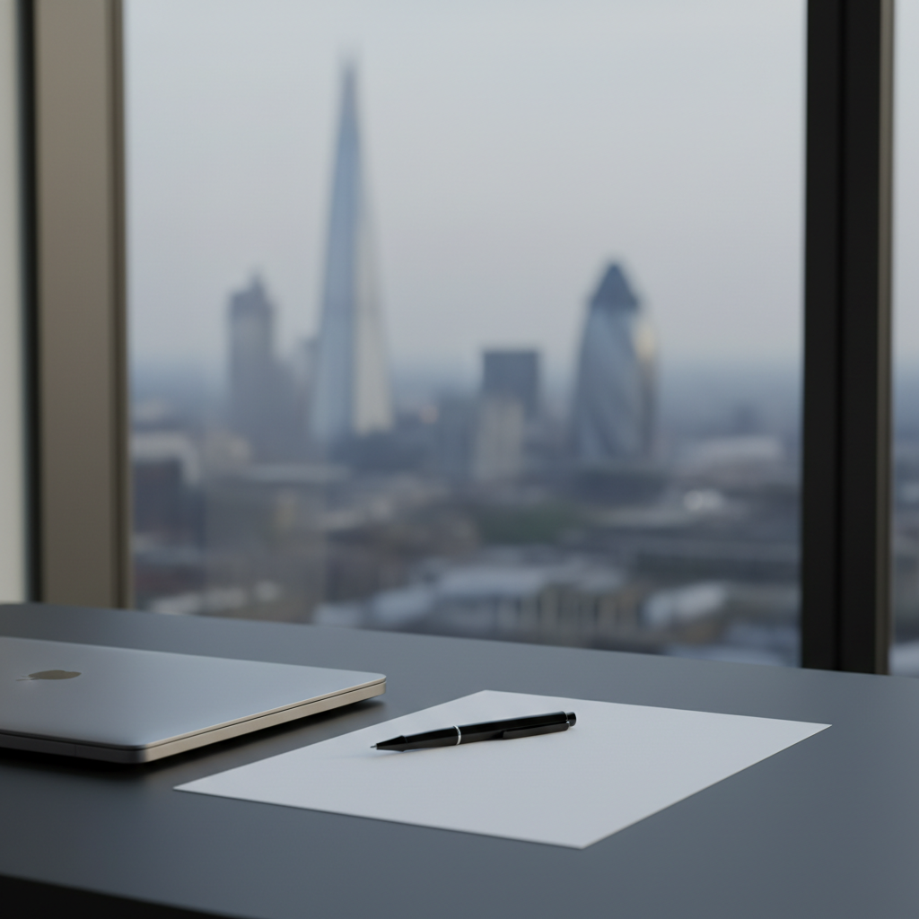 A minimalist writing setup featuring a slim, modern laptop closed on a matte black desk, next to a single crisp white A4 sheet and a fine black rollerball pen aligned parallel to the desk edge. In the distance, a faint suggestion of London’s skyline appears through a large window, rendered in soft, defocused tones of grey and blue. Gentle late-afternoon natural light enters from the window, tracing a narrow highlight across the laptop’s metal edge and subtly illuminating the paper. Photographic realism, composed using the rule of thirds with generous negative space, creates a clean, elegant, and intellectual atmosphere that hints at urban literary life without overwhelming the central writing tools.