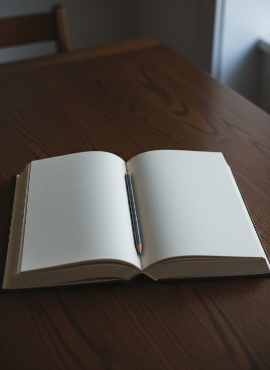 An open hardcover book with creamy, unmarked pages lying flat on a dark oak table, the spine gently curved. A single, slim graphite pencil rests across the gutter, its sharpened point aligned precisely with the invisible center line. Behind the book, a clean expanse of empty tabletop extends to a softly blurred edge, with no decorative objects or clutter. Cool natural window light from the right grazes the paper, revealing a faint texture in the pages and creating a sharp, elegant contrast between light and shadow. Photographic realism, shot from a slightly elevated angle with the book centered in the frame, evokes quiet concentration and the disciplined focus of a serious author at work.